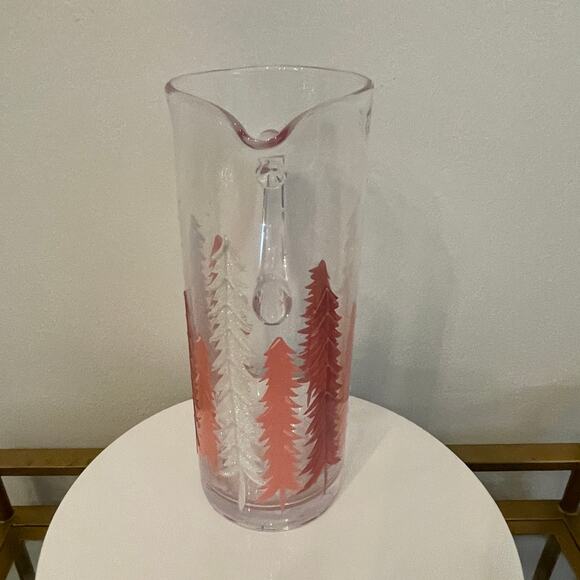 Hand-Painted Glass Pitcher Pink and White Christmas Pine Tree Forest New RARE - Picture 12 of 16